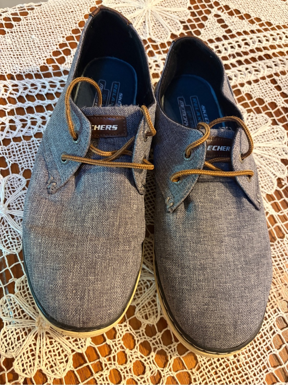 Skechers Men's Blue-Grey Canvas Slip-On Lace Shoes with Tan Laces